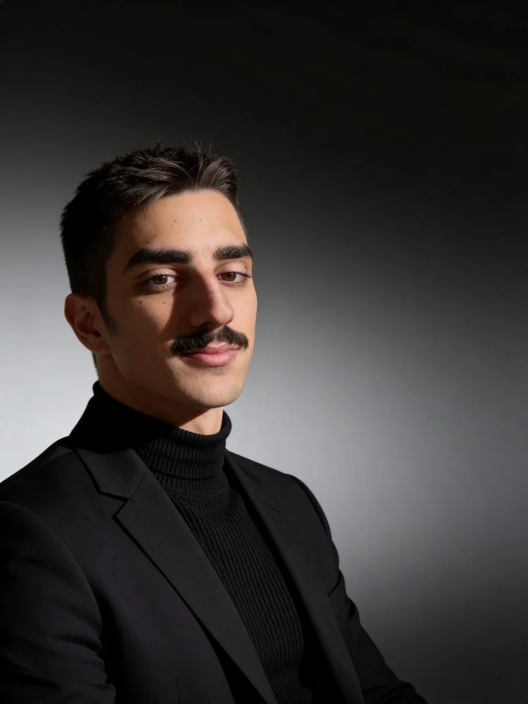 After: executive studio portrait with dramatic lighting and tailored styling